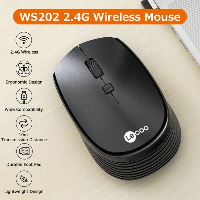 Lenovo Lecoo WS202 2.4GHz Wireless Ergonomic Lightweight Office 3 Adjustable DPI Wide Compatibility Black - Image 2