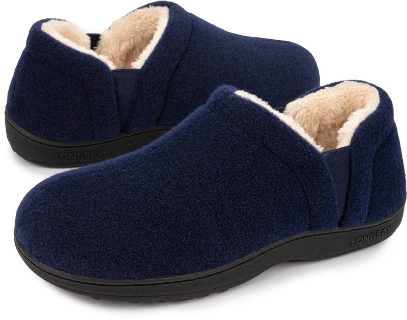 LongBay Men's Slippers Warm Bedroom Memory Foam House Shoes Slip-On for Indoor Outdoor Winter (Navy Blue, 9-10) - Image 1