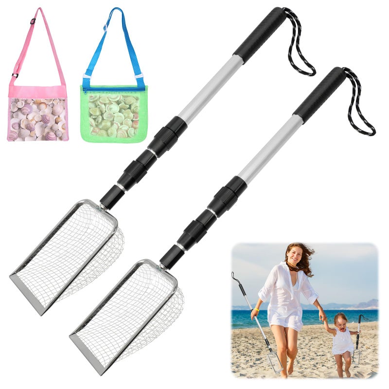 Yuuchoringee 2 Pack Sand SifterBeach Shark Tooth SifterShell Scooper for Beach Dipper Scoop with Long Adjustable Handle Shovel Tool for Picking Up Shellswith Two Bags - Image 3