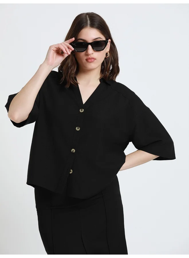 دينيس لينغو Black Shirt for Women - Cotton Viscose Flex, Regular Fit