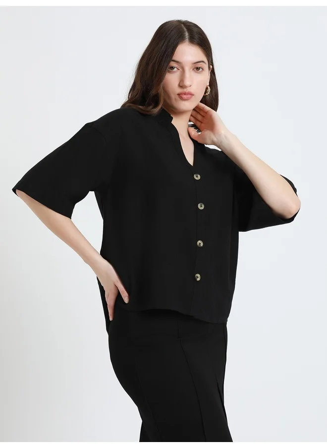 دينيس لينغو Black Shirt for Women - Cotton Viscose Flex, Regular Fit