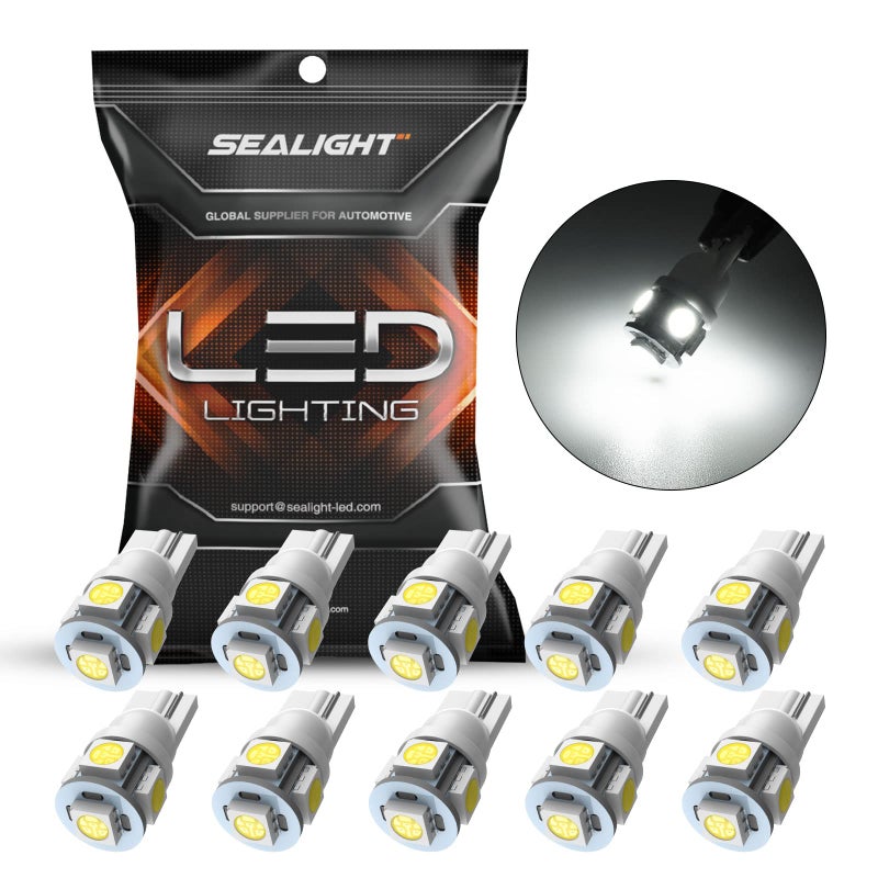 SEALIGHT 194 LED Bulbs, 168 W5W 2825 LED Bulb 6000K White Super Bright Replacement for License Plate Light, Dome Light, Map Light,Courtesy Light (Pack of 10), Automotive Parking Light Assemblies - Image 1