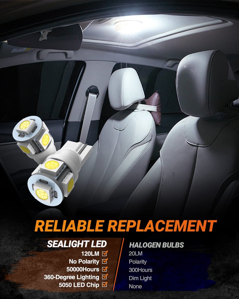 SEALIGHT 194 LED Bulbs, 168 W5W 2825 LED Bulb 6000K White Super Bright Replacement for License Plate Light, Dome Light, Map Light,Courtesy Light (Pack of 10), Automotive Parking Light Assemblies - Image 5