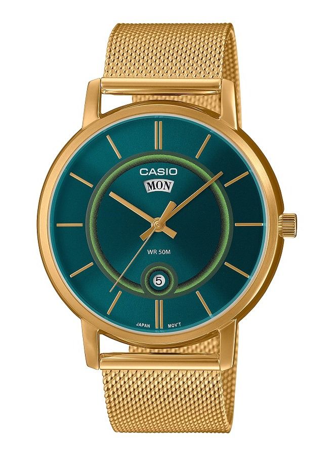 كاسيو ساعة كاسيو للرجال مينا اخضر بسوار شبكي من الستانلس ستيل ومطلي بالذهب والهيكل MTP-B120MG-3AVDF.
