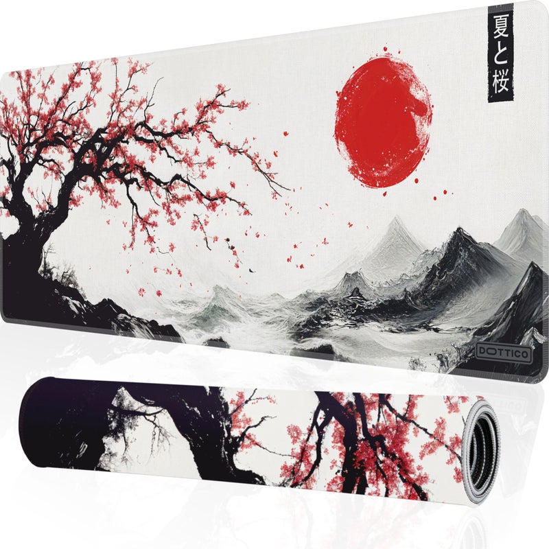 DOTTICO XL Japanese Cherry Blossom Gaming Mouse Pad for Desk- Large Sakura Desk Mat for Keyboard & Mouse - Non-Slip, Water-Resistant, Stitched Edges - 31.5x11.8 in (X-Large) - Image 1