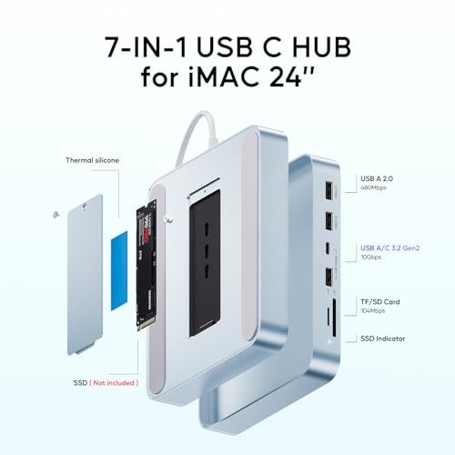 PULWTOP USB C HUB for iMac 24 inch 2021/2023/2024, PULWTOP USB Hub Adapter iMac Accessories for iMac M1/M3/M4 with USB C 10Gbps 3*USB A SD/TF, Docking Station Support Expand M.2 SSD (Not Included),Blue - Image 3