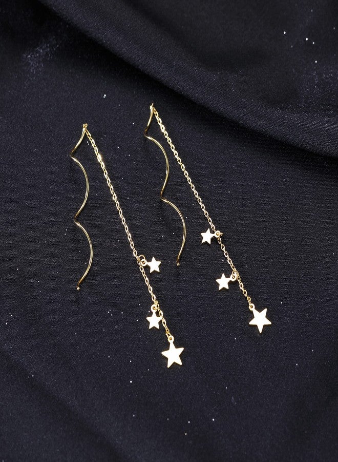 SLUYNZ Sterling Silver Stars Dangle Earrings Chain for Women Teen Girls Curve Stars Dangle Earrings Long Threader (B-Yellow) - Image 5