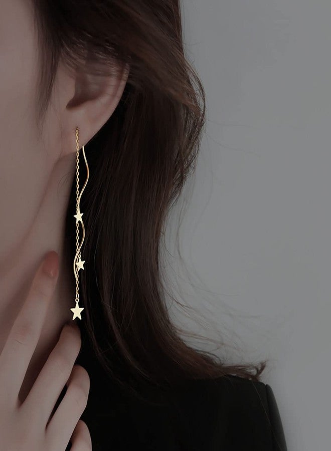 SLUYNZ Sterling Silver Stars Dangle Earrings Chain for Women Teen Girls Curve Stars Dangle Earrings Long Threader (B-Yellow) - Image 2