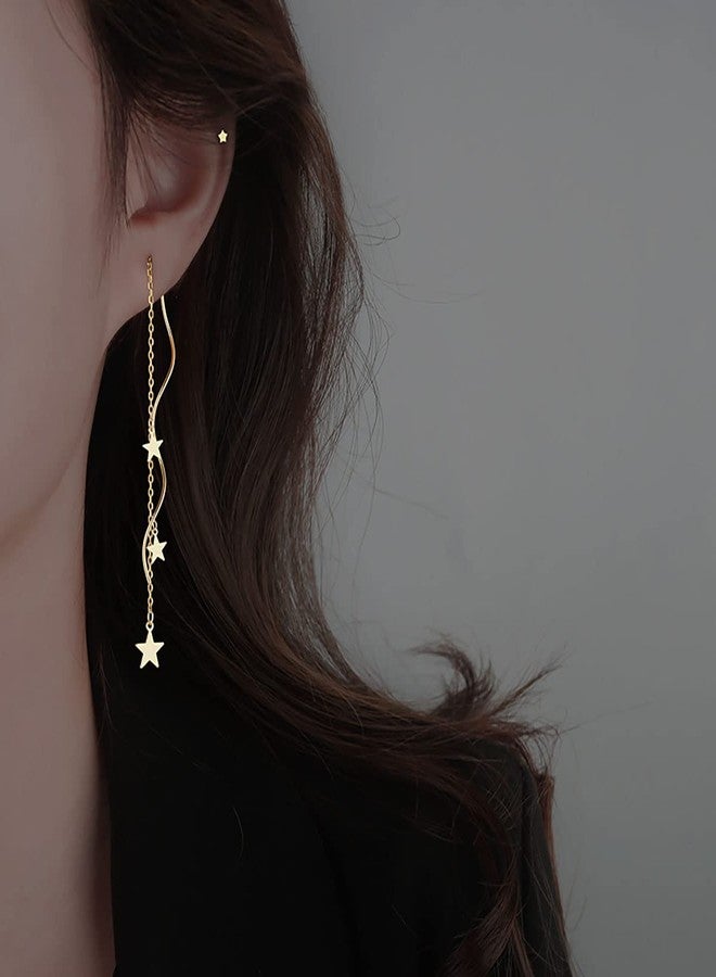 SLUYNZ Sterling Silver Stars Dangle Earrings Chain for Women Teen Girls Curve Stars Dangle Earrings Long Threader (B-Yellow) - Image 3