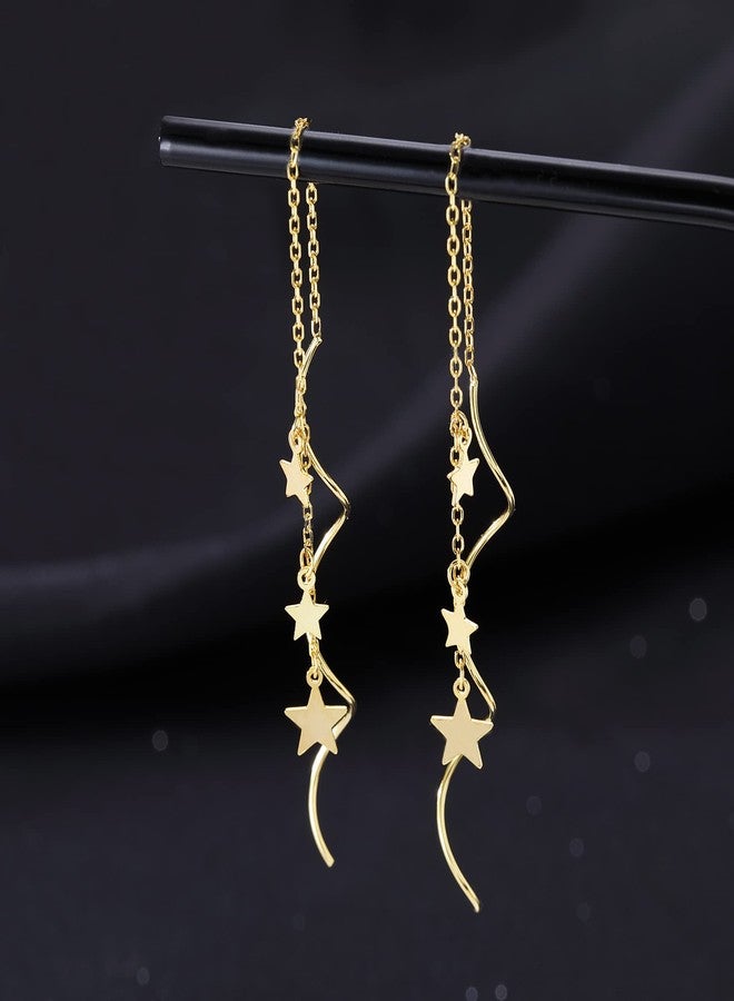 SLUYNZ Sterling Silver Stars Dangle Earrings Chain for Women Teen Girls Curve Stars Dangle Earrings Long Threader (B-Yellow) - Image 4