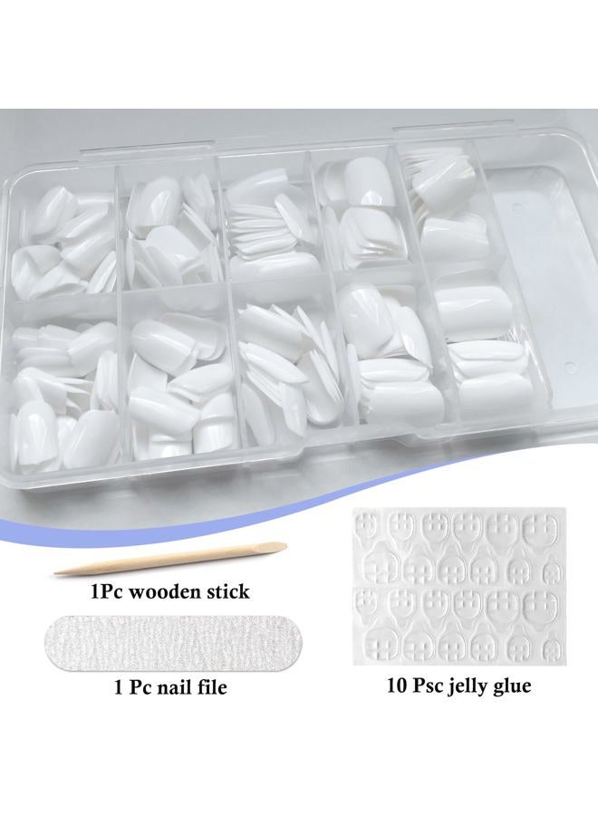 LuckForever Short Press on Nails 240pc Glossy White Press on Nails Short Square Round Fake Nails Full Cover 10 Sheets Nail Adhesive Tabs,Small Wooden Sticks and Nail Files False Nails for Women - Image 3
