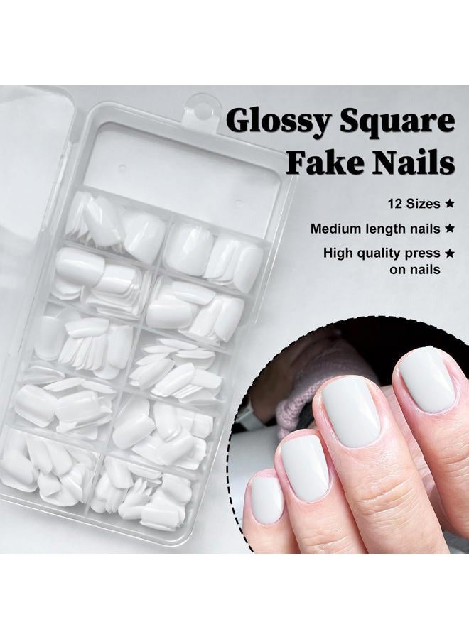 LuckForever Short Press on Nails 240pc Glossy White Press on Nails Short Square Round Fake Nails Full Cover 10 Sheets Nail Adhesive Tabs,Small Wooden Sticks and Nail Files False Nails for Women - Image 4