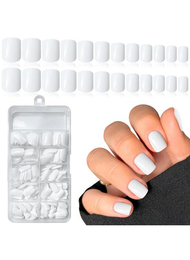LuckForever Short Press on Nails 240pc Glossy White Press on Nails Short Square Round Fake Nails Full Cover 10 Sheets Nail Adhesive Tabs,Small Wooden Sticks and Nail Files False Nails for Women - Image 1