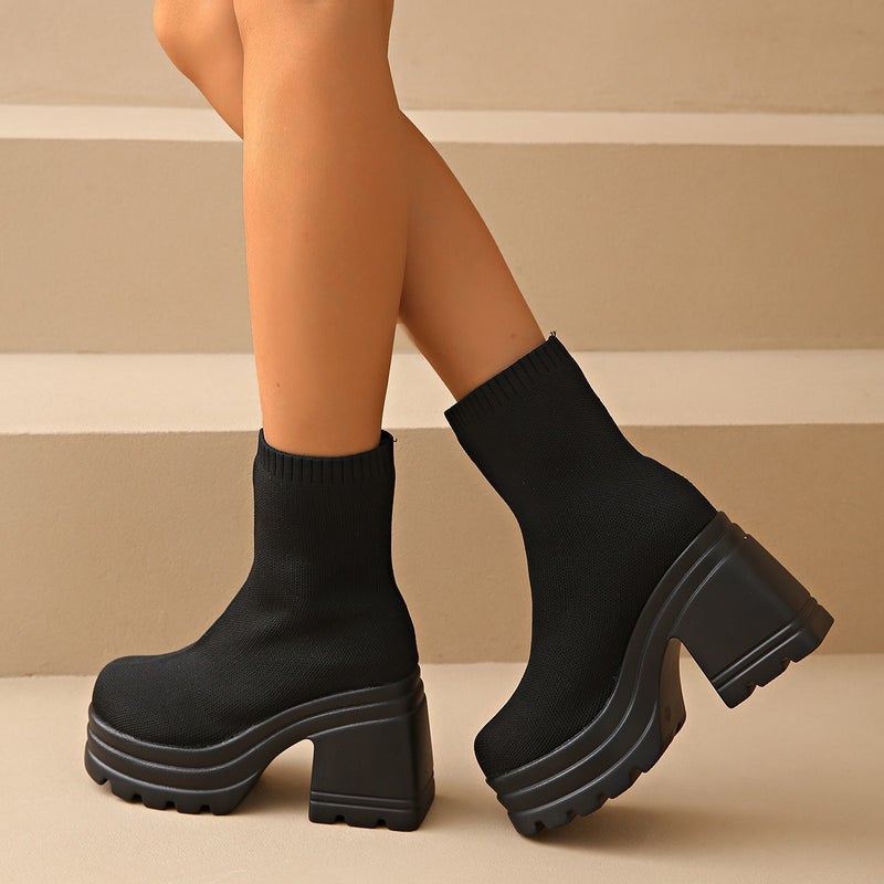 Plus Size Independent Station High Heel Short Boots Classic Simple Thick Heel Round Toe Martin Four Seasons Fashion Boots - Image 4