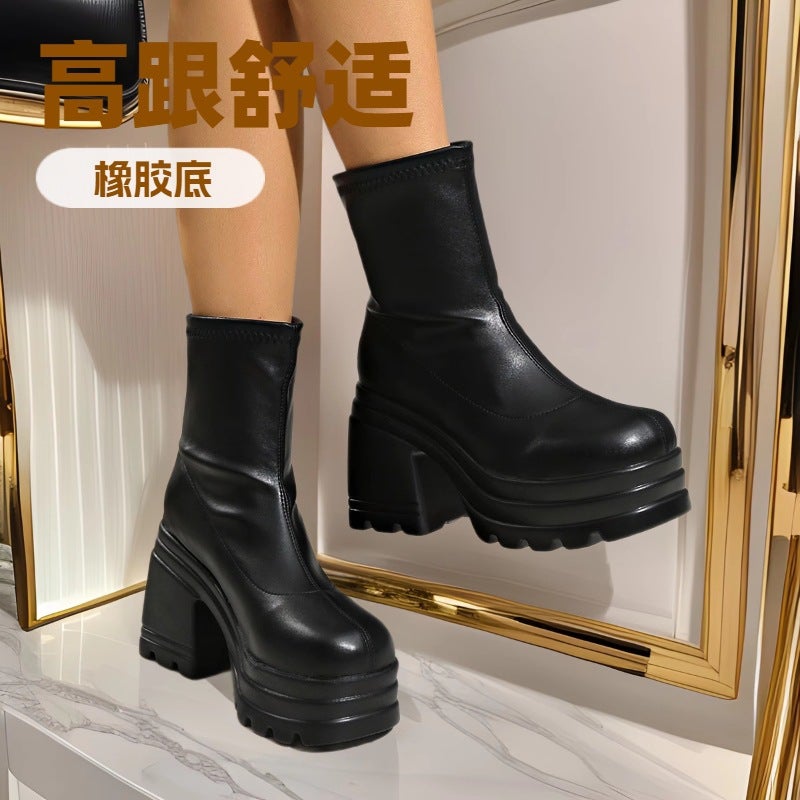 Plus Size Independent Station High Heel Short Boots Classic Simple Thick Heel Round Toe Martin Four Seasons Fashion Boots - Image 2