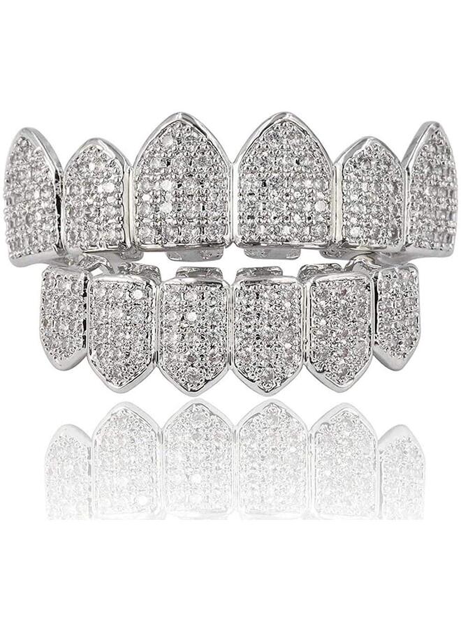 شوايات جريلز الماسية لأسنانك للرجال والنساء مطلية بالذهب عيار 18 قيراطًا مرصعة بالزركونيا المكعبة مع قضبان صب إضافية متضمنة، 5.3 × 2.4 سم، سبيكة، بدون أحجار كريمة - Image 1