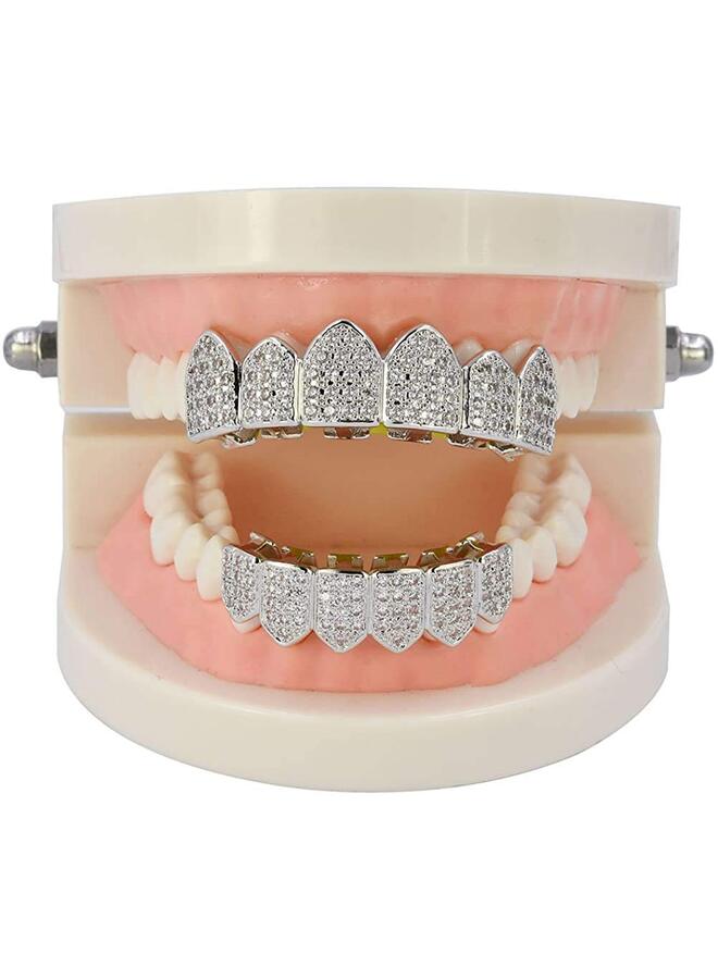 شوايات جريلز الماسية لأسنانك للرجال والنساء مطلية بالذهب عيار 18 قيراطًا مرصعة بالزركونيا المكعبة مع قضبان صب إضافية متضمنة، 5.3 × 2.4 سم، سبيكة، بدون أحجار كريمة - Image 2