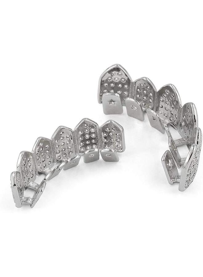 شوايات جريلز الماسية لأسنانك للرجال والنساء مطلية بالذهب عيار 18 قيراطًا مرصعة بالزركونيا المكعبة مع قضبان صب إضافية متضمنة، 5.3 × 2.4 سم، سبيكة، بدون أحجار كريمة - Image 3