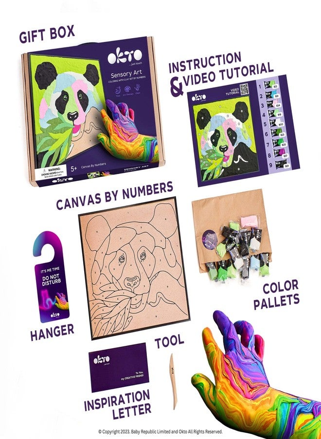 Okto Paint by Numbers for Children - Kid's Kit with Air Dry Clay, Unique 2D Wall Art, Sensory Canvas, Panda Themed, Framed Animal Kit for Age 5+ - Image 2