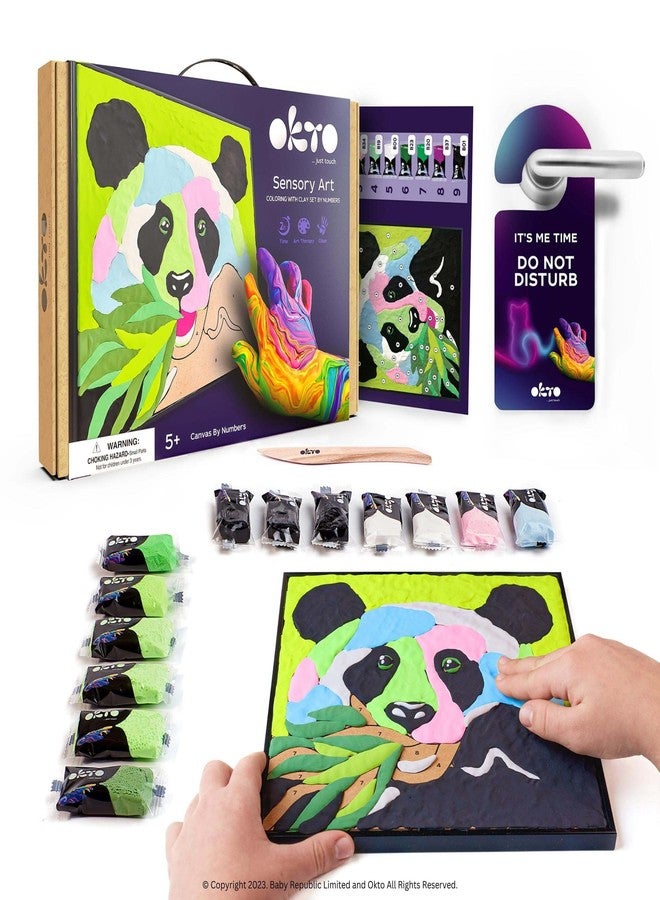 Okto Paint by Numbers for Children - Kid's Kit with Air Dry Clay, Unique 2D Wall Art, Sensory Canvas, Panda Themed, Framed Animal Kit for Age 5+ - Image 1