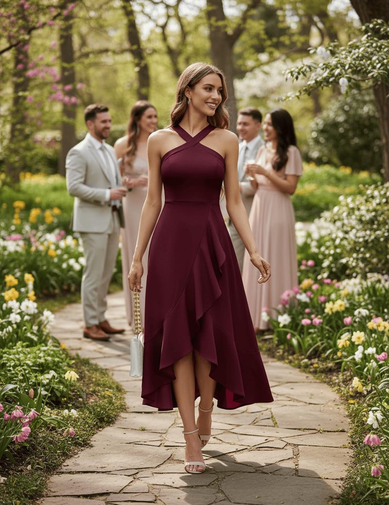 Bbonlinedress Women Halter Cocktail Dress Wedding Guest Formal Ruffled Maxi Homecoming Teens Evening Prom Dress Burgundy XS - Image 5