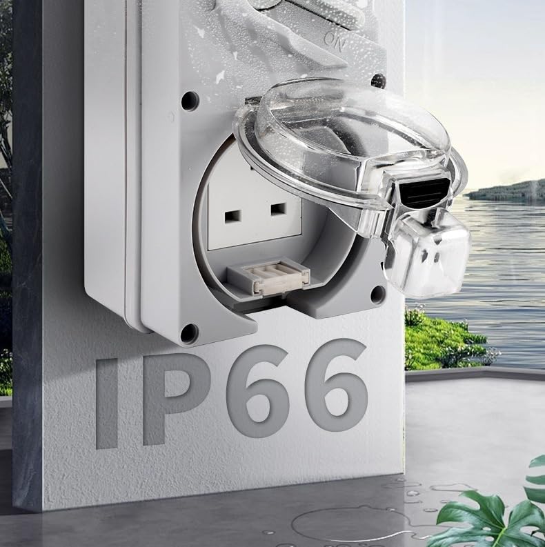 مقبس خارجي مقاوم للطقس، مقبس طاقة مقاوم للماء مع مفتاح IP66، 13 أمبير (مفرد محسّن) - Image 2