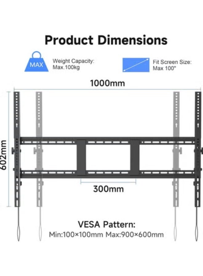 حامل حائط قوي بوزن 100 كجم مع إمالة لتلفزيونات من 49 إلى 120 بوصة – قوس قابل للتعديل – يناسب 3 قواعد 16 بوصة و2 قواعد 18 أو 24 بوصة – فيسا 900×600 مم – شامل لشاشات LED/OLED/LCD - Image 2