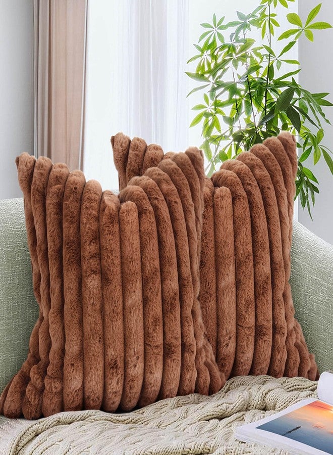 AmHoo Pack of 2 Decorative Throw Pillow Covers Faux Rabbit Fur Cozy Velvet Super Soft Fuzzy Striped Set Case Cushion for Couch Sofa Bedroom 18 x 18-Inch Brown - Image 1