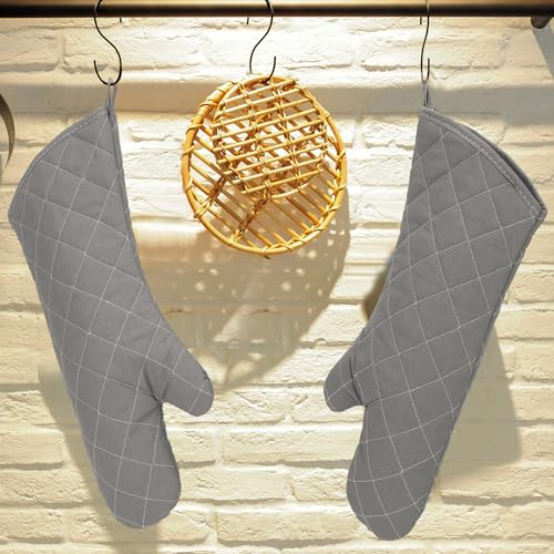Breathffy 2 Pairs 17 Inch Extra Long Oven Mitts Heat Resistant Cotton Lining Oven Thick Gloves Kitchen Food Service Mittens for Pot Holders Cooking Baking BBQ, up to 482f (Grey) - Image 4