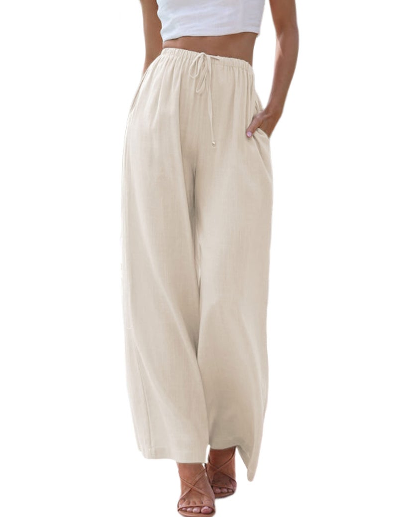 Tanming Wide Leg Linen Pants for Women Summer Flowy High Waisted Beach Palazzo Trousers (Apricot-L) - Image 3