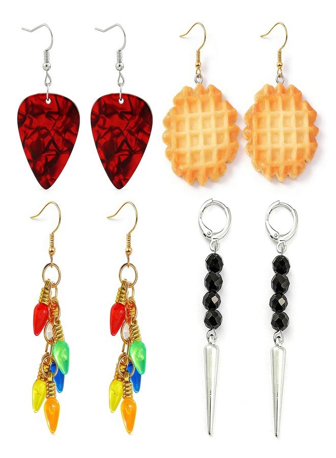 Thalireth Strange Spooky Earrings Set Guitar Pick Waffle Colourful Light Bulb Dangle Drops Goth Retro Spike Beaded Earrings Jewelry for Men Women Gift 4 Pairs - Image 1