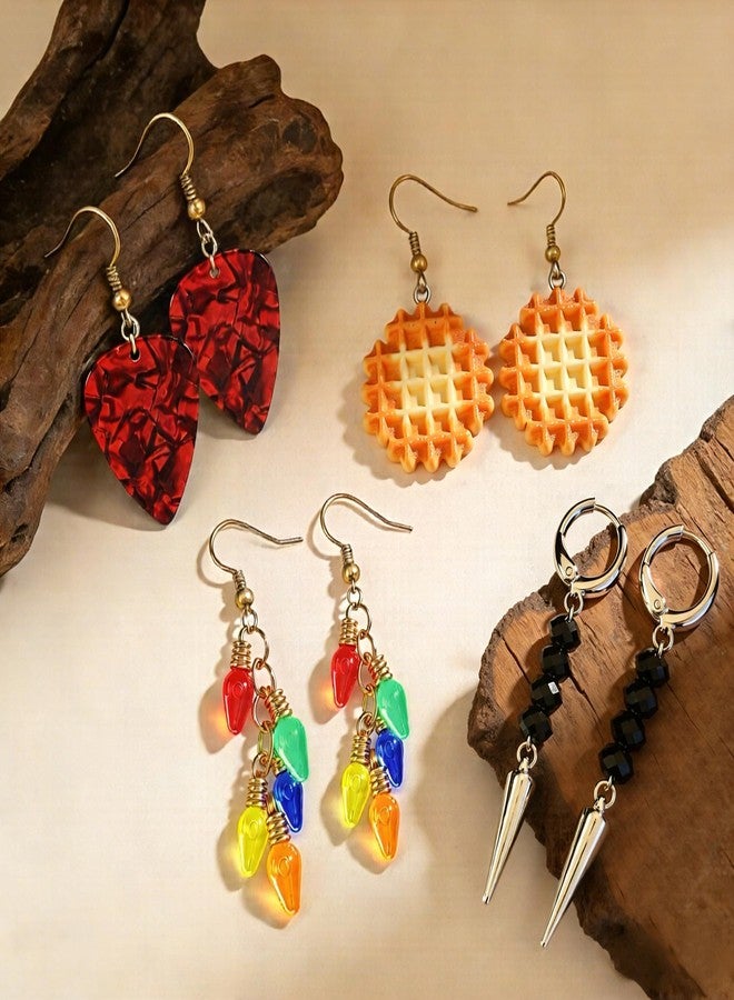 Thalireth Strange Spooky Earrings Set Guitar Pick Waffle Colourful Light Bulb Dangle Drops Goth Retro Spike Beaded Earrings Jewelry for Men Women Gift 4 Pairs - Image 2