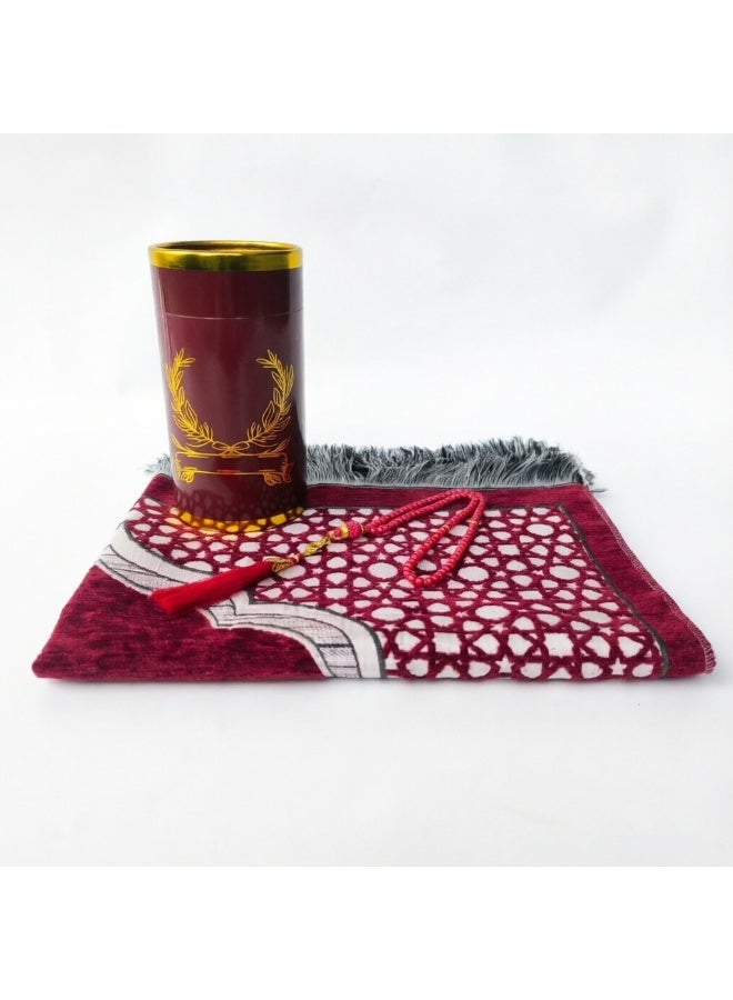 Chenille Prayer Mat 3-Piece Set with Tasbih & Cylinder Gift Box, Multi-Color Jacquard Islamic Design - Image 1