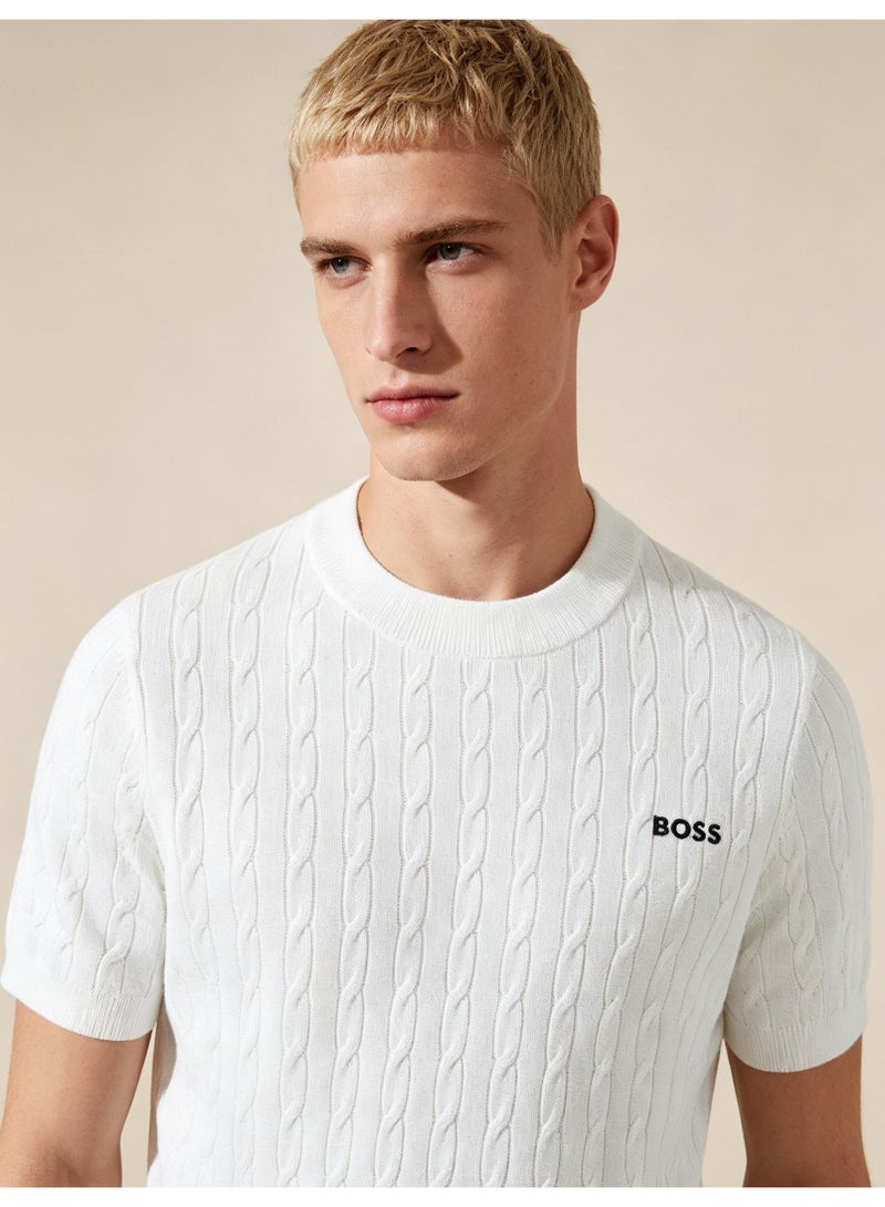 BOSS Unisex Short Sleeve Cable Knit Crew Neck T-Shirt, White, Men's Women's Casual Top - Image 4
