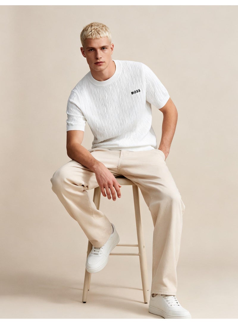 BOSS Unisex Short Sleeve Cable Knit Crew Neck T-Shirt, White, Men's Women's Casual Top - Image 1