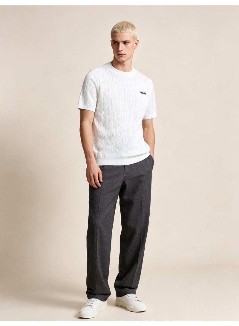 BOSS Unisex Short Sleeve Cable Knit Crew Neck T-Shirt, White, Men's Women's Casual Top - Image 2