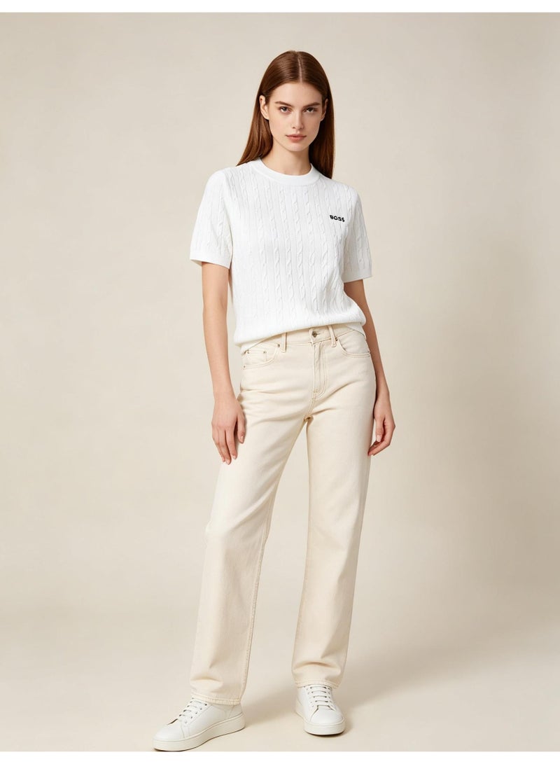 BOSS Unisex Short Sleeve Cable Knit Crew Neck T-Shirt, White, Men's Women's Casual Top - Image 5