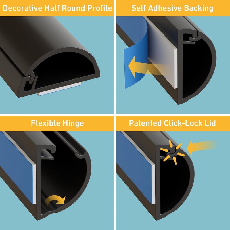 D-Line 31.4in TV Cord Hider, Patented Half Round Cable Cover, Hide Wall Mount TV Wires, Hinged One-Piece Cable Concealer, Adhesive, Decorative Raceway - 2X 0.78in W x 0.39in H x 15.7in L - Black - Image 2