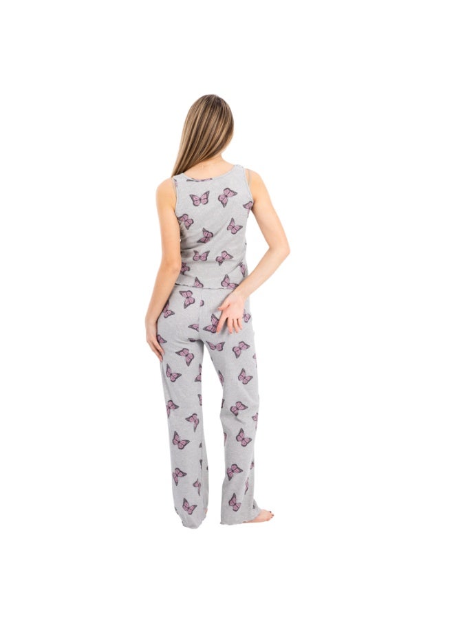zecotex  Women's Soft Ribbed Cotton 2-Piece Pajama Set - Sleeveless Top & Pants with Pink Butterfly Print - Light Grey. - Image 4