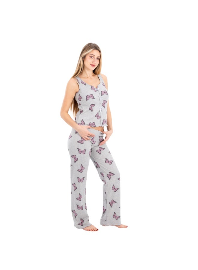 zecotex  Women's Soft Ribbed Cotton 2-Piece Pajama Set - Sleeveless Top & Pants with Pink Butterfly Print - Light Grey. - Image 3