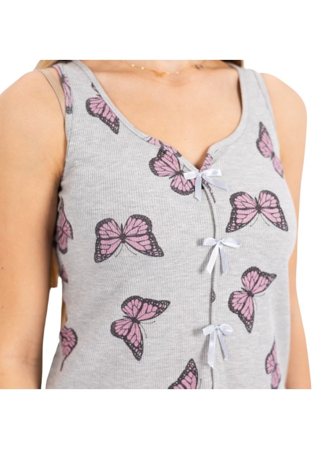 zecotex  Women's Soft Ribbed Cotton 2-Piece Pajama Set - Sleeveless Top & Pants with Pink Butterfly Print - Light Grey. - Image 2