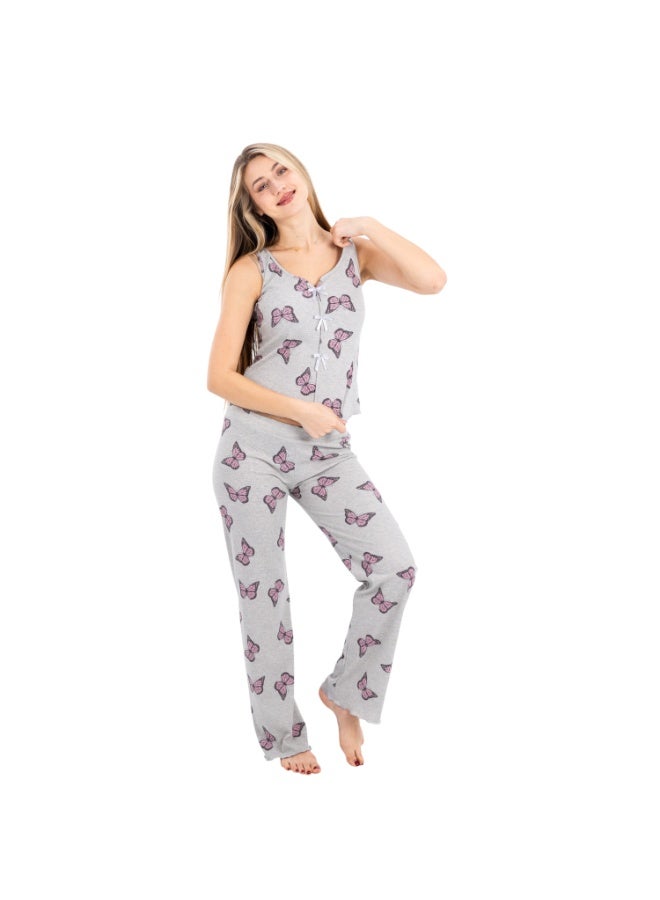 zecotex  Women's Soft Ribbed Cotton 2-Piece Pajama Set - Sleeveless Top & Pants with Pink Butterfly Print - Light Grey. - Image 1