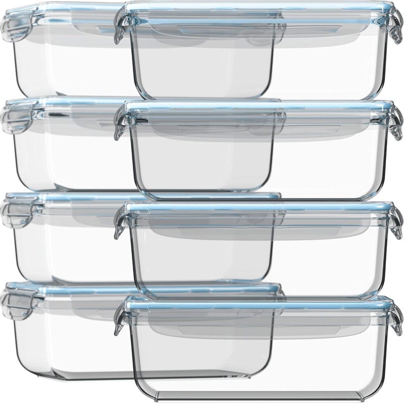 Razab 16 Pc (Set of 8) 30 Oz Glass Meal Prep Containers with Lids, Airtight Large Glass Food Storage Containers, Reusable Leak Proof BPA Free, Freezer to Oven and Dishwasher Safe - Image 1