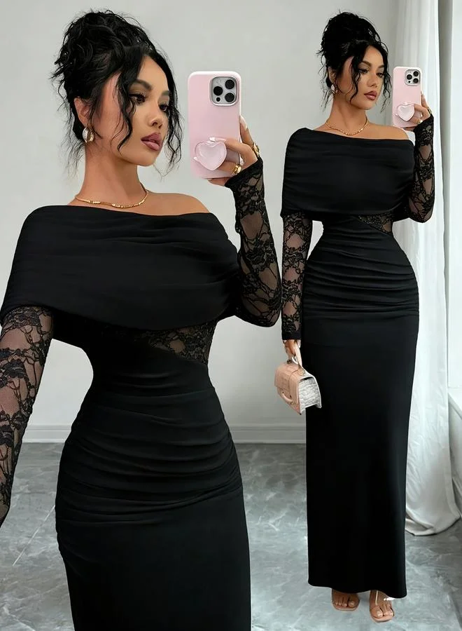 Take Two Black Lace Insert Ruched Bodycon Maxi Dress with Cape Overlay