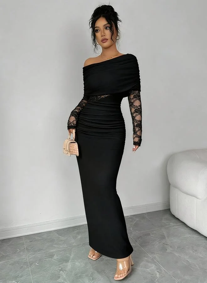 Take Two Black Lace Insert Ruched Bodycon Maxi Dress with Cape Overlay