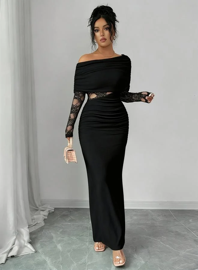 Take Two black Black Lace Insert Ruched Bodycon Maxi Dress with Cape Overlay for Women | Best Price UAE