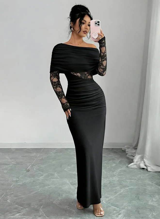 Take Two black Black Lace Insert Ruched Bodycon Maxi Dress with Cape Overlay for Women | Best Price UAE