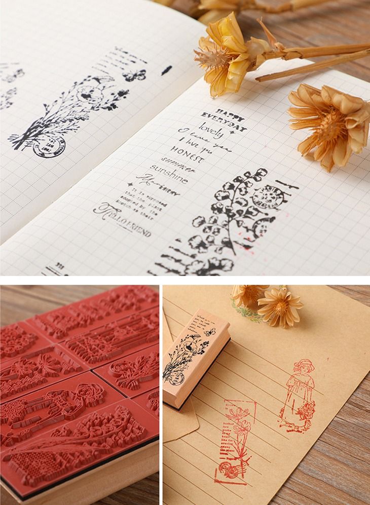 WAOKN 6 Pieces Vintage Wooden Stamps Plant and Flower Decorative Mounted Stamp Set for DIY Craft Letters Diary and Craft Scrapbooking - Image 3