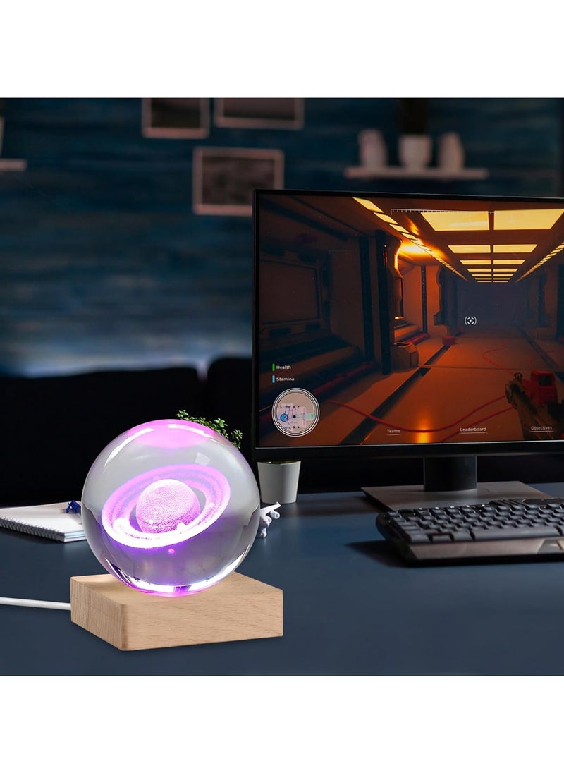 Generic - 3D Planet Crystal Ball Night Light, USB 6 cm Saturn Crystal Ball Lamp, Night Light Glass Planet Lamp with LED Colourful Night Light Base for Desk Decoration Holiday Gifts (Saturn) - Image 1