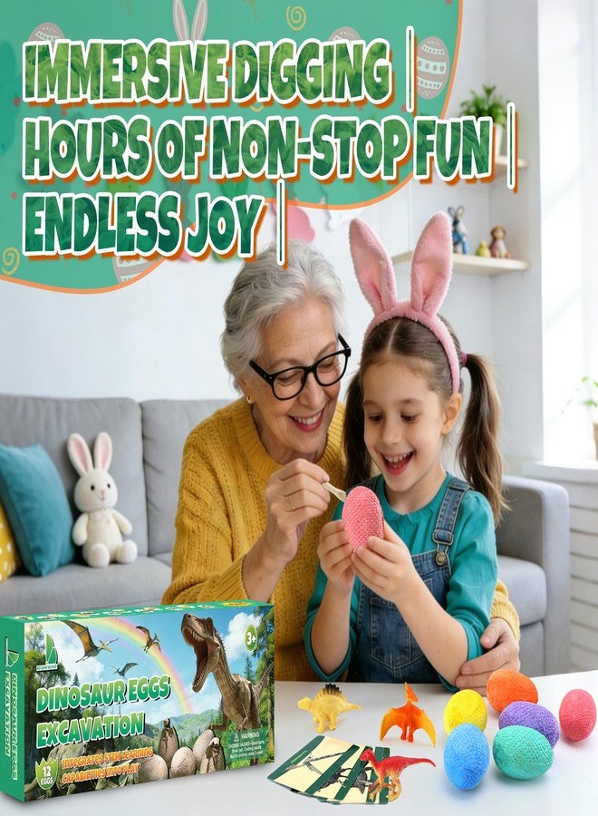 Beanewone Easter Dino Eggs Dig Kit - 12 Colorful Dinosaur Easter Eggs with Dinosaur Figures, 12 Dig Tools for Easter Egg Hunt, Easter Basket Stuffers & Easter Toys and Games (Colorful) - Image 3